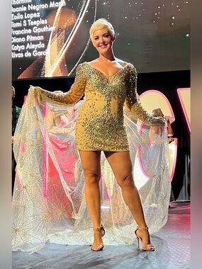 Angela & Alison Gold Embellished Plunging V-Neck Mini Dress